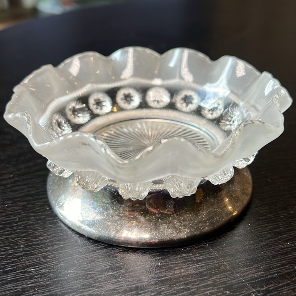 Vintage Silver Plated Footed Clear Glass Candy Dish - Ruffled, Frosted w/Berries
